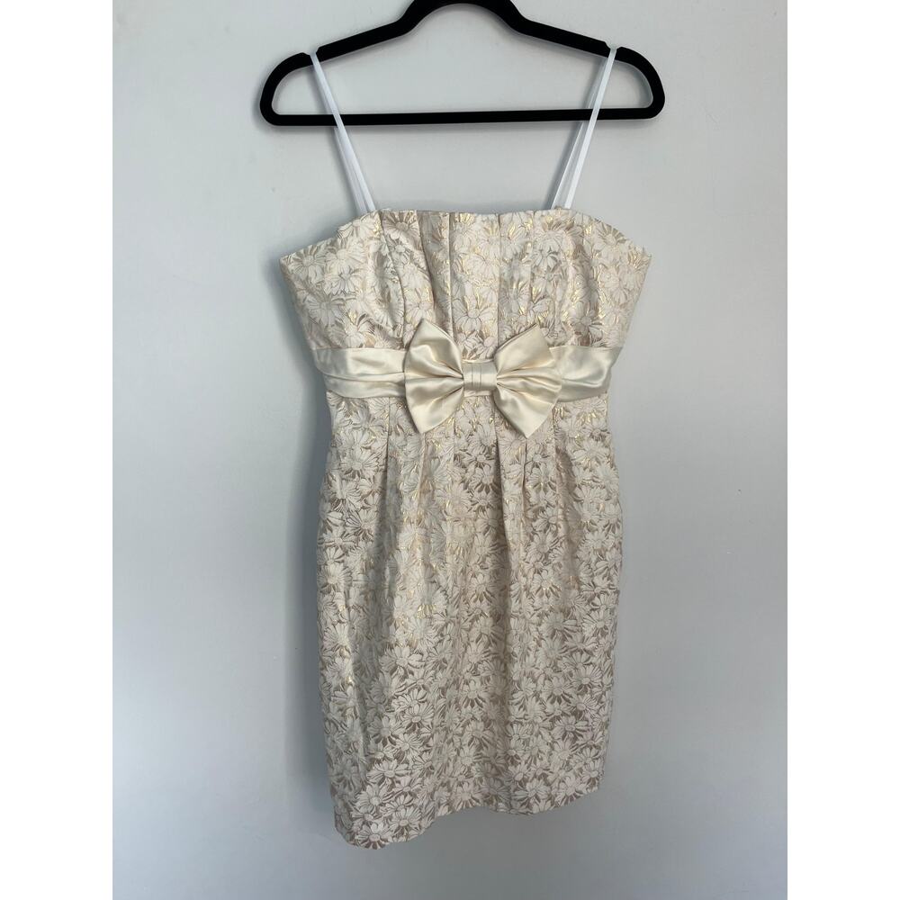 Betsy & Adam Strapless‎ Mini Dress Women 12 Floral Brocade Bow Cream Gold